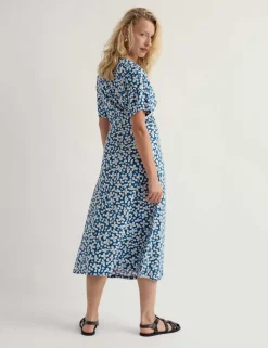 Cotton Rich Floral Twist Front Midi Tea Dress