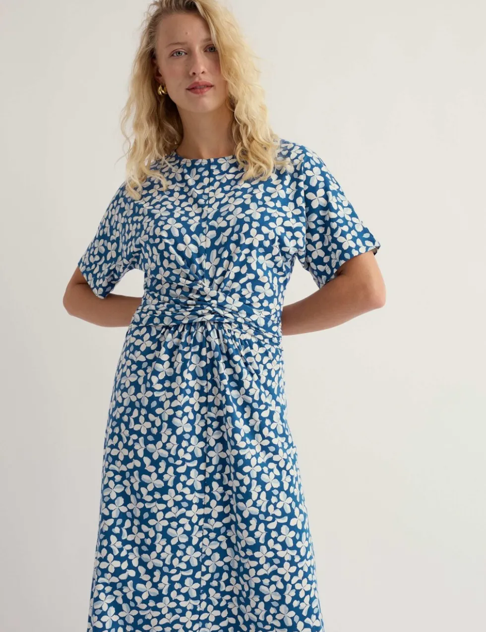 Cotton Rich Floral Twist Front Midi Tea Dress