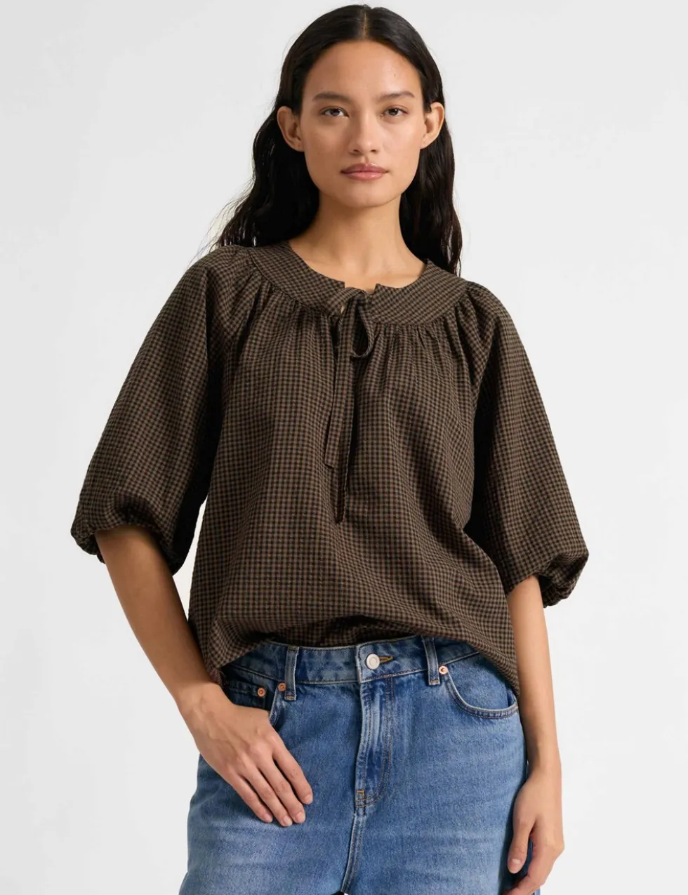Cotton Rich Gingham Button Detail Top