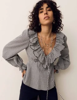 Cotton Rich Gingham Frill Neck Blouse