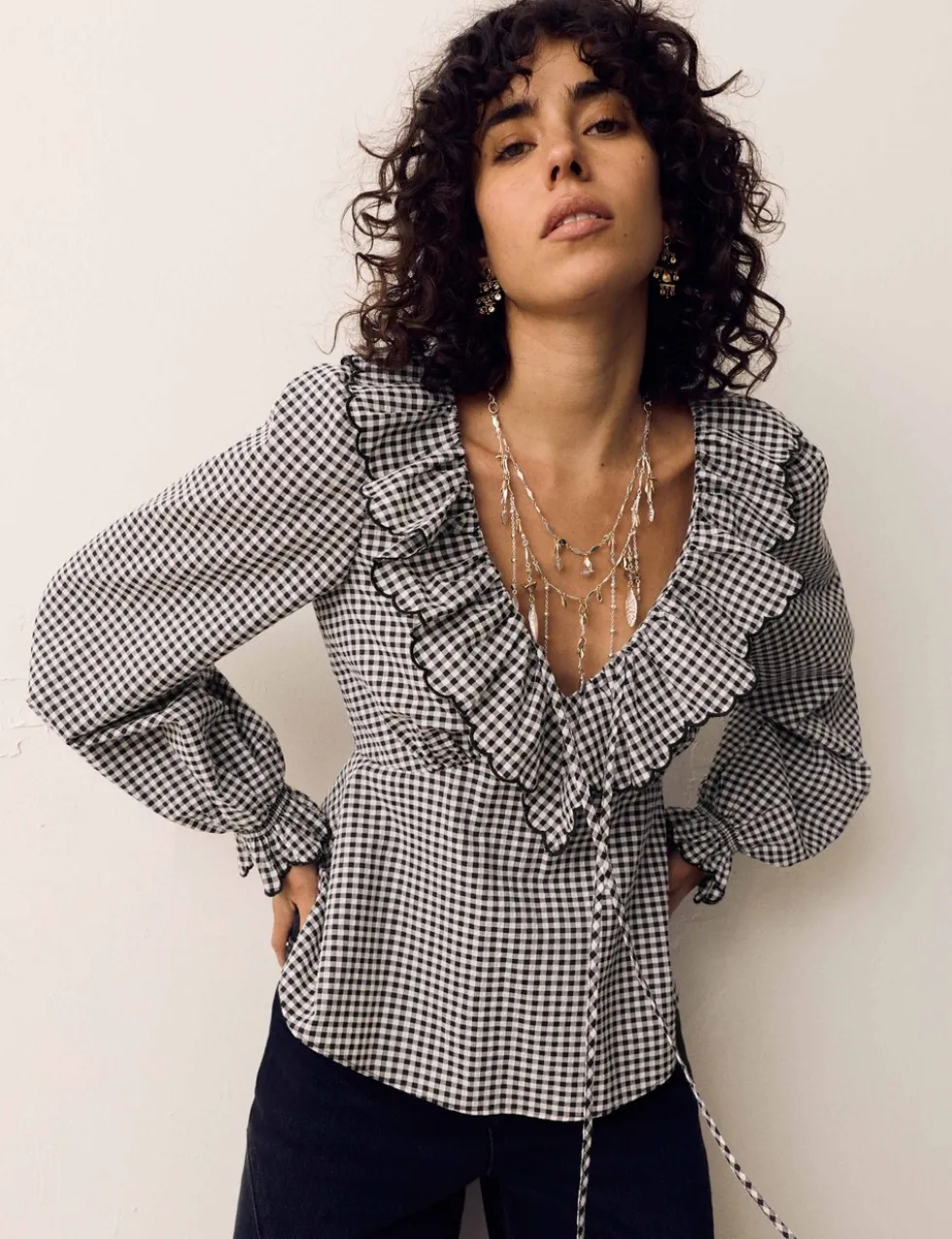 Cotton Rich Gingham Frill Neck Blouse