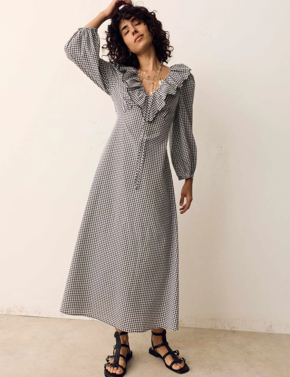 Cotton Rich Gingham Frill Neck Midaxi Dress