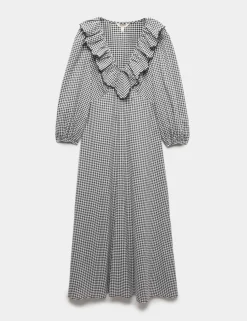 Cotton Rich Gingham Frill Neck Midaxi Dress