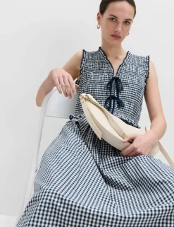 Cotton Rich Gingham Midi Waisted Dress