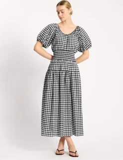Cotton Rich Gingham Midi Waisted Dress