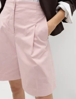 Cotton Rich High Waisted Pleat Front Bermuda Shorts