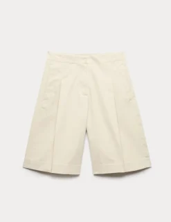 Cotton Rich High Waisted Pleat Front Bermuda Shorts