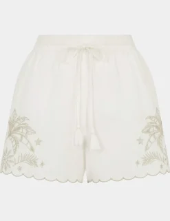 Cotton Rich Palm Embroidered Shorts with Linen