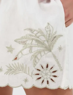 Cotton Rich Palm Embroidered Shorts with Linen