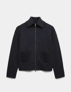 Cotton Rich Pocket Detail Collared Knitted Jacket