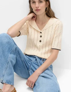 Cotton Rich Pointelle Collared Knitted Top