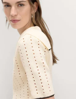 Cotton Rich Pointelle Collared Knitted Top