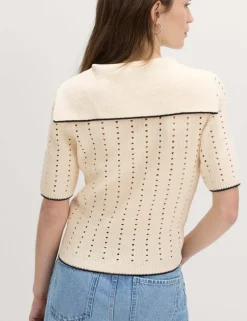 Cotton Rich Pointelle Collared Knitted Top