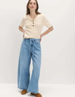 Cotton Rich Pointelle Collared Knitted Top