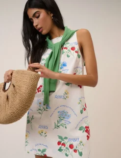 Cotton Rich Printed Crew Neck Mini Shift Dress