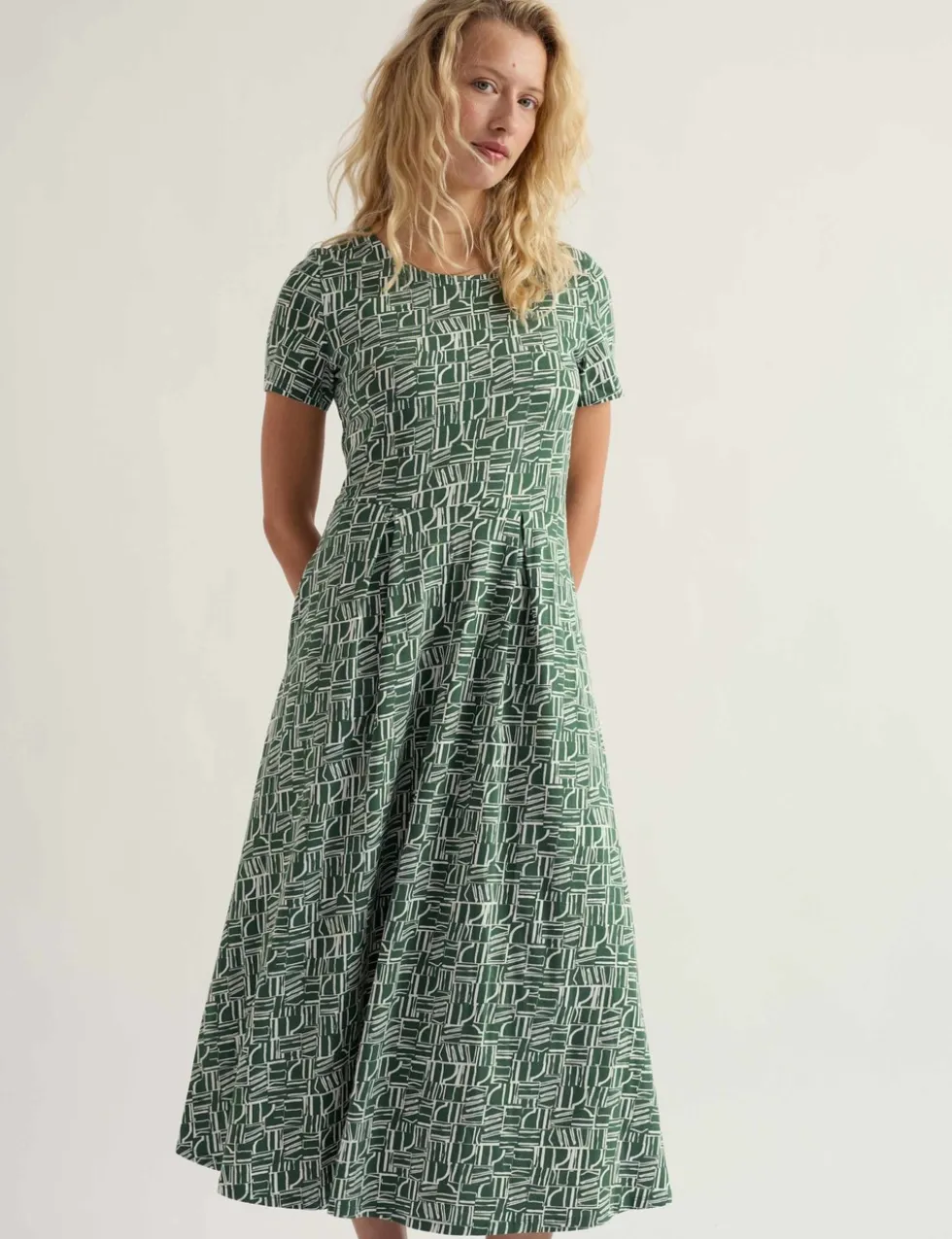 Cotton Rich Printed Midi Waisted Dress