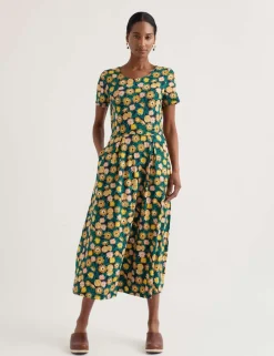 Cotton Rich Printed Midi Waisted Dress