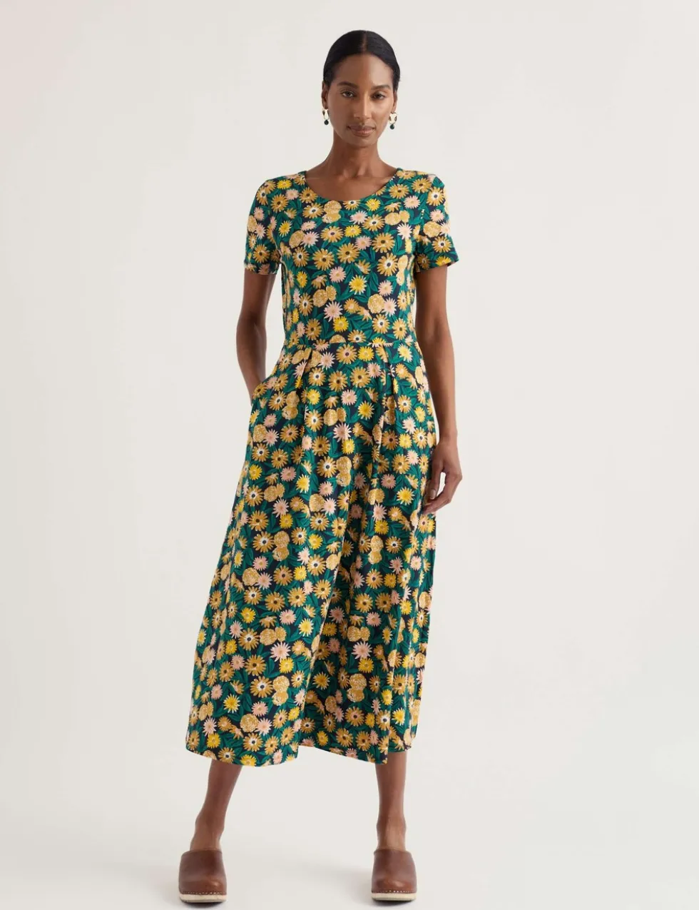 Cotton Rich Printed Midi Waisted Dress