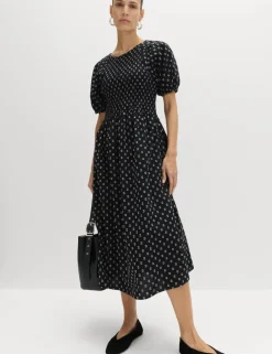 Cotton Rich Printed Puff Sleeve Midi Waisted Dress