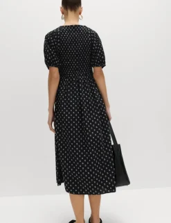 Cotton Rich Printed Puff Sleeve Midi Waisted Dress