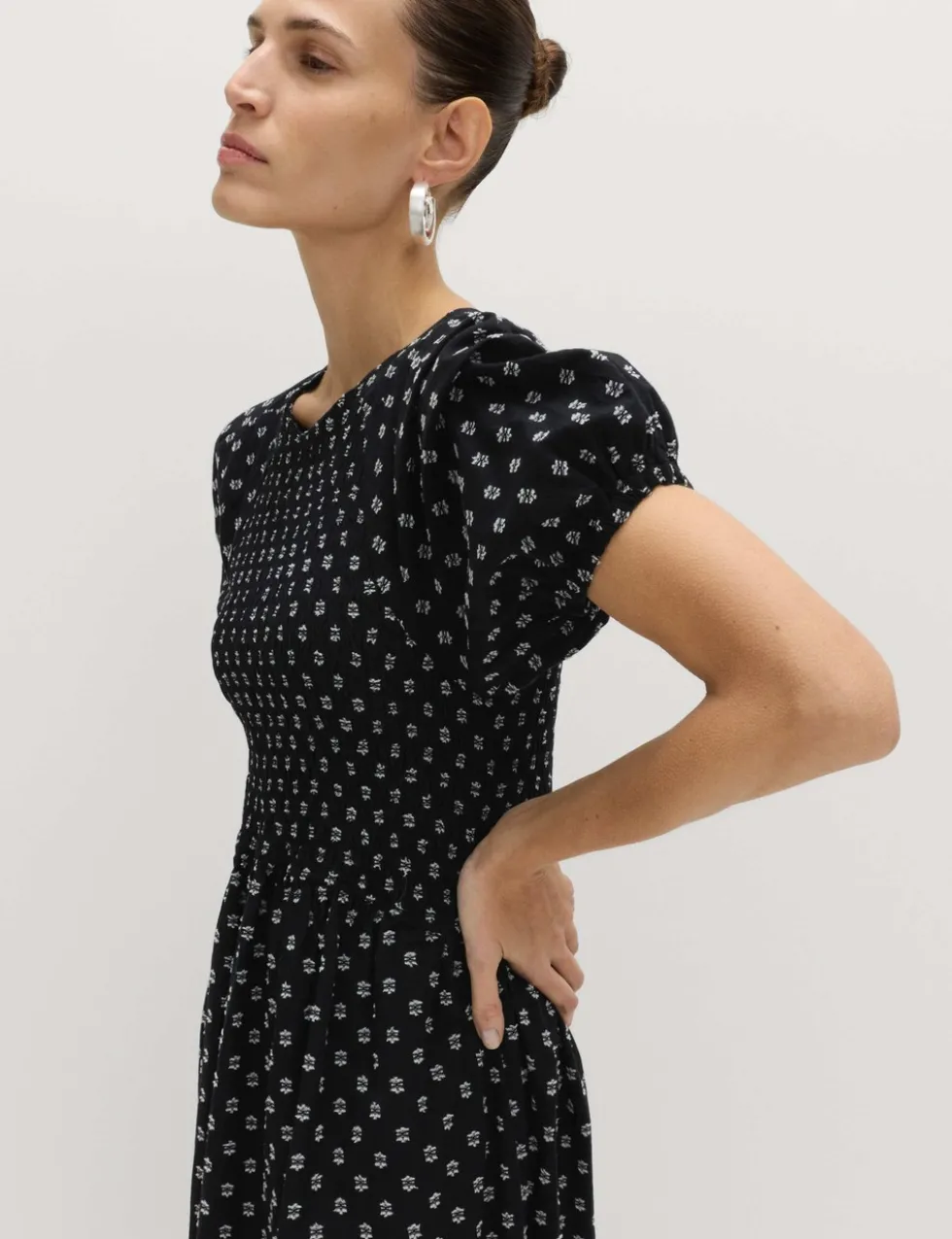 Cotton Rich Printed Puff Sleeve Midi Waisted Dress