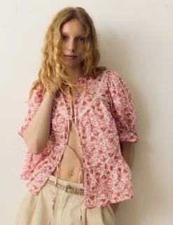 Cotton Rich Printed Tie Front Blouse