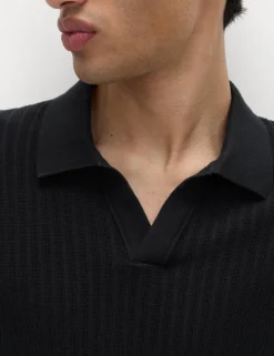 Cotton Rich Rib Texture Open Neck Polo Shirt