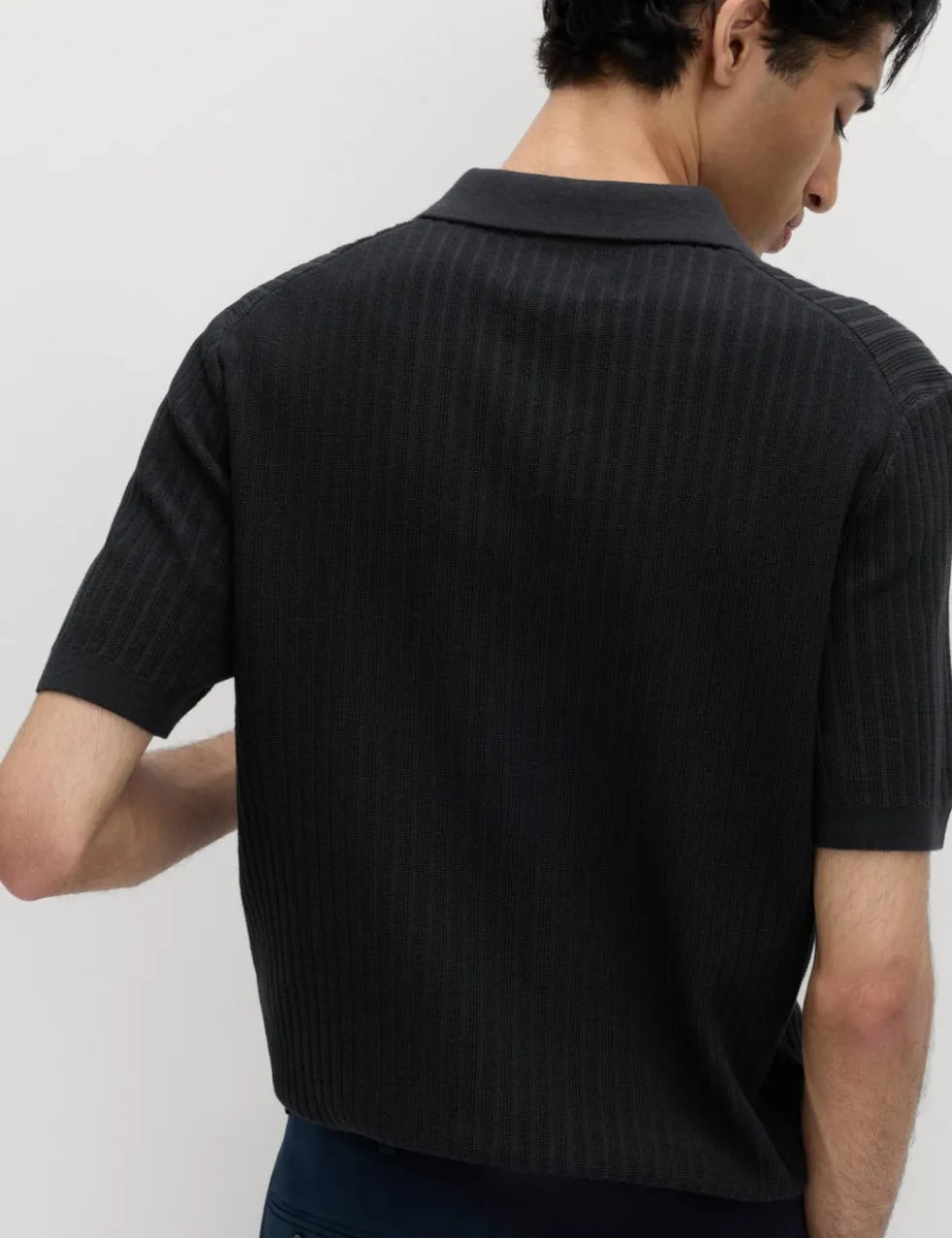 Cotton Rich Rib Texture Open Neck Polo Shirt