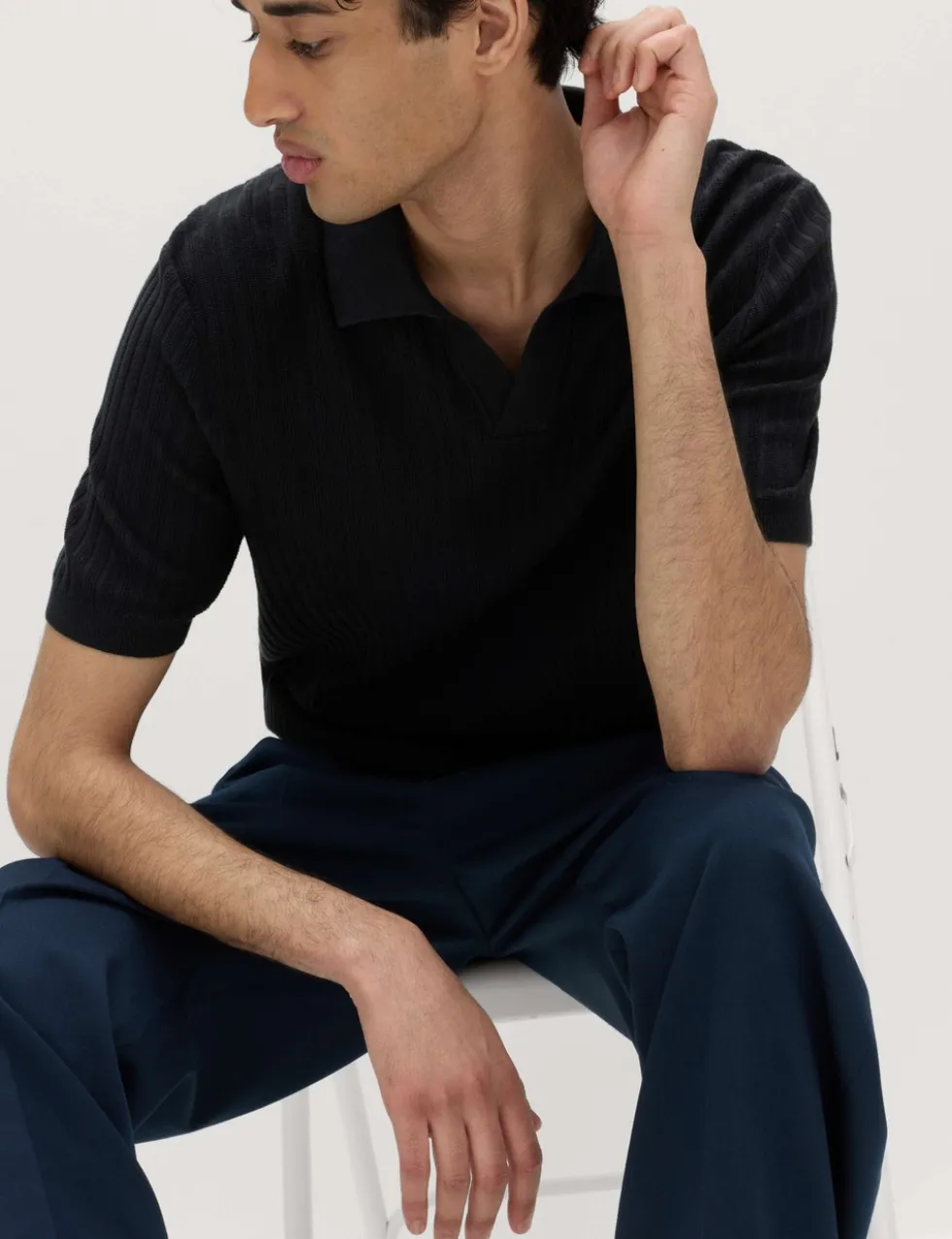 Cotton Rich Rib Texture Open Neck Polo Shirt