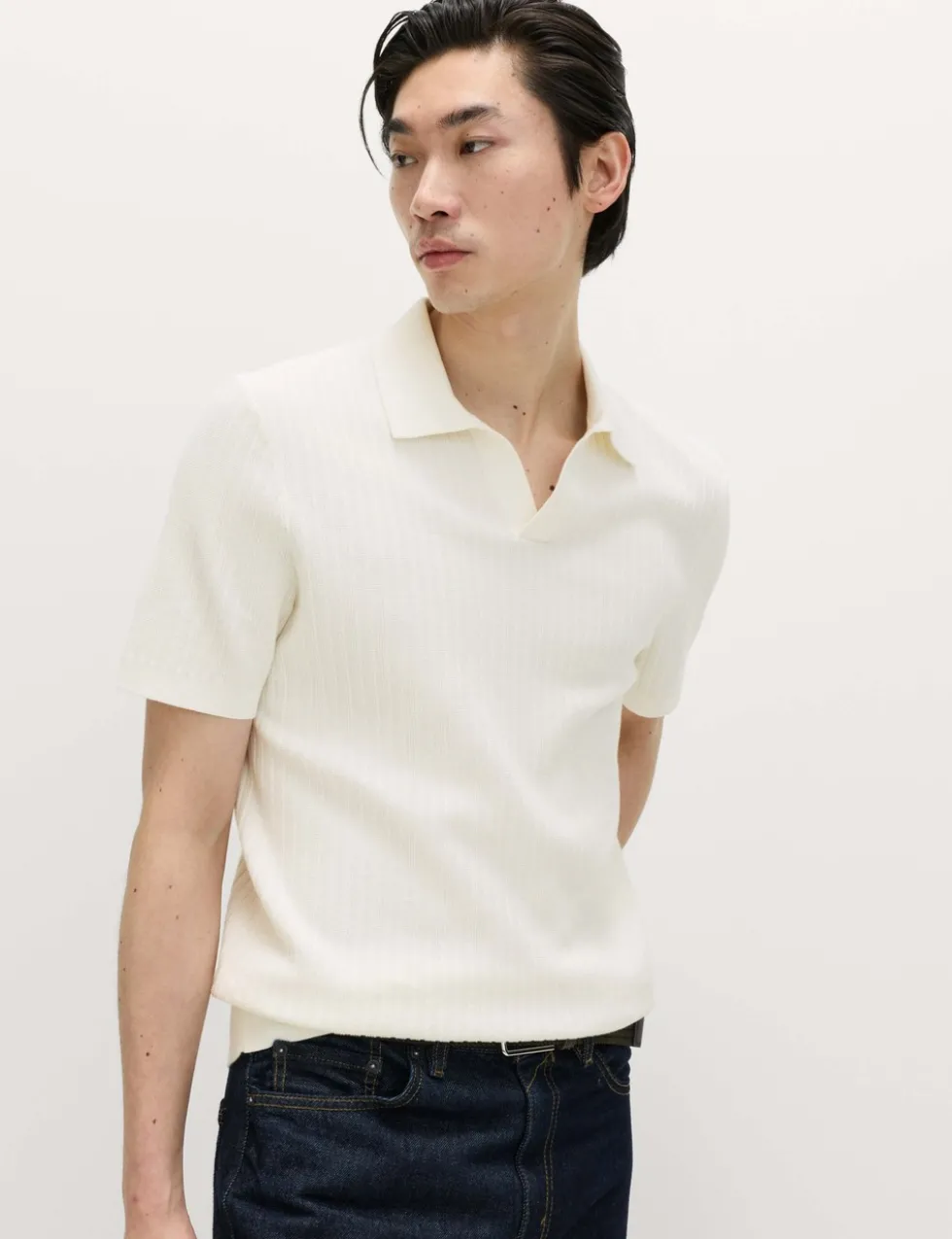 Cotton Rich Rib Texture Open Neck Polo Shirt