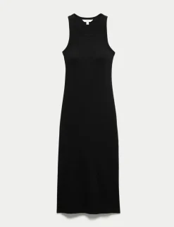 Cotton Rich Ribbed Bra Insert Midi Bodycon Dress