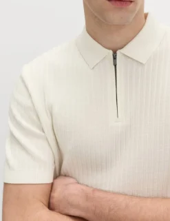 Cotton Rich Ribbed Knitted Zip Up Polo Shirt