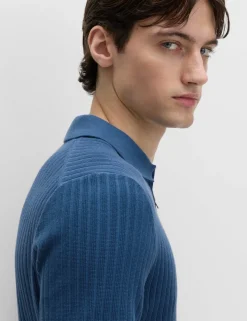 Cotton Rich Ribbed Knitted Zip Up Polo Shirt