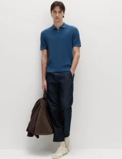 Cotton Rich Ribbed Knitted Zip Up Polo Shirt