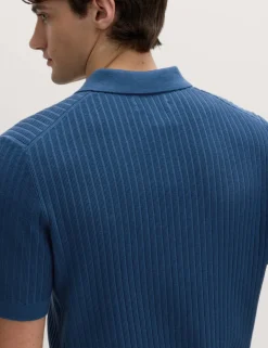 Cotton Rich Ribbed Knitted Zip Up Polo Shirt