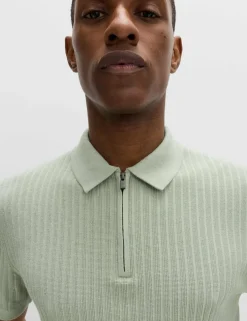 Cotton Rich Ribbed Knitted Zip Up Polo Shirt