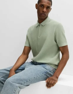 Cotton Rich Ribbed Knitted Zip Up Polo Shirt