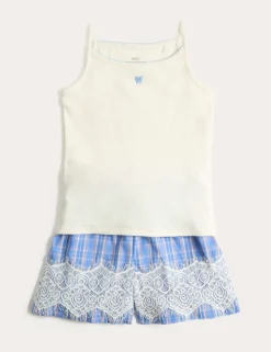 Cotton Rich Ribbed Lace Short Pyjamas (6-16 Yrs)