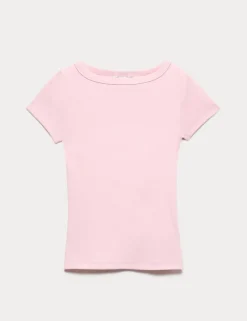 Cotton Rich Ribbed Slash Neck T-Shirt