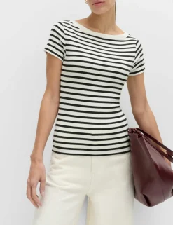 Cotton Rich Ribbed Slash Neck T-Shirt