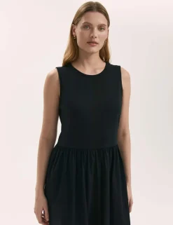 Cotton Rich Round Neck Midi Skater Dress