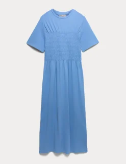 Cotton Rich Shirred Midi T-Shirt Dress