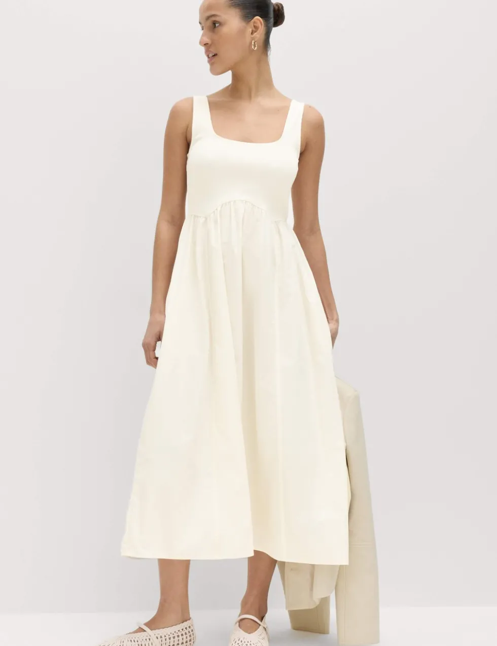 Cotton Rich Square Neck Midi Waisted Dress