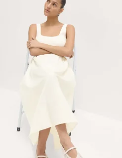 Cotton Rich Square Neck Midi Waisted Dress
