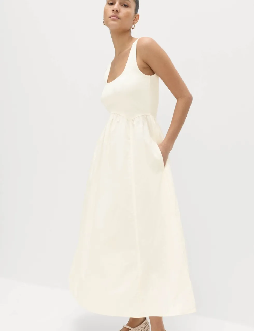 Cotton Rich Square Neck Midi Waisted Dress