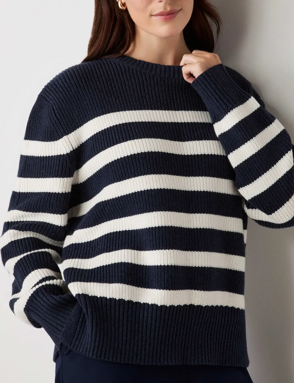 Cotton Rich Striped Ribbed Crew Neck Jumper