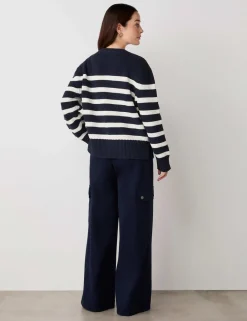 Cotton Rich Striped Ribbed Crew Neck Jumper