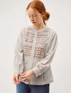 Cotton Rich Striped Shirred Shirt with Linen