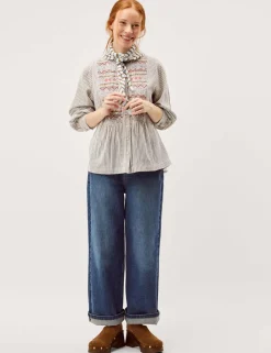 Cotton Rich Striped Shirred Shirt with Linen