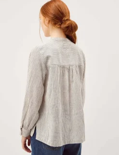 Cotton Rich Striped Shirred Shirt with Linen